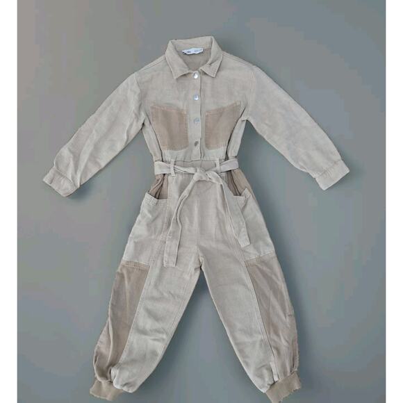 ZARA‎ Cuffed Combination Cargo Jumpsuit Khaki Beige Tan Pockets Size 6 - Picture 1 of 8